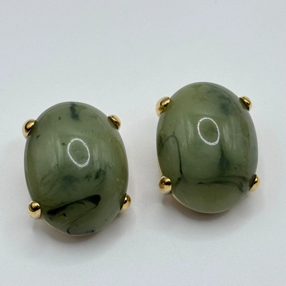 Joan Rivers Earrings Green Acrylic Cabochon Gold Tone Clip On
